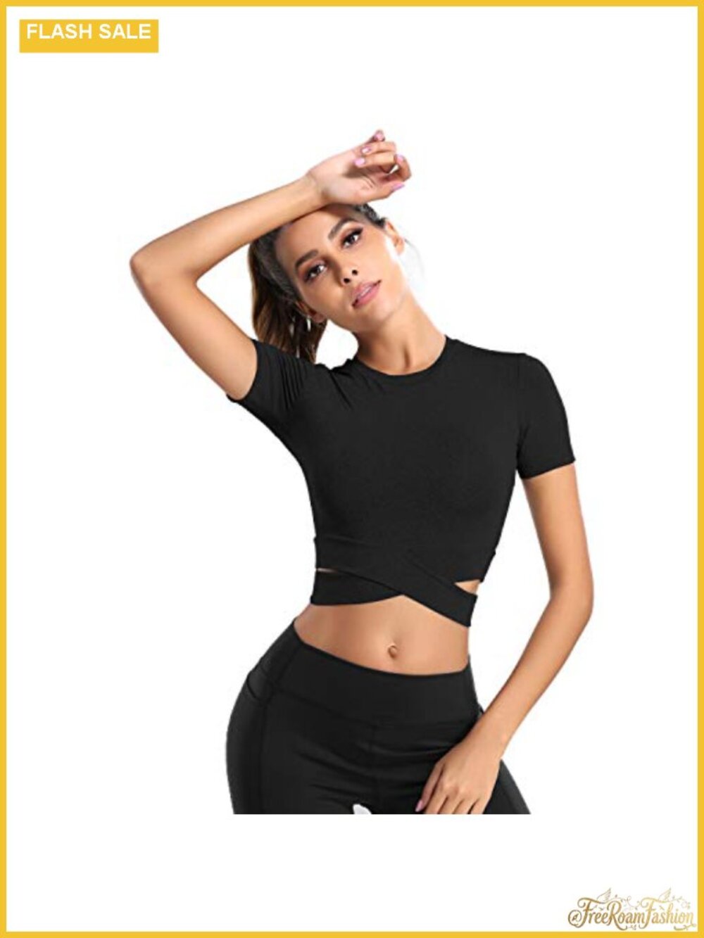 Women's Short Sleeve Crop Top Tummy Cross Fitted Yoga Running Gym Shirt